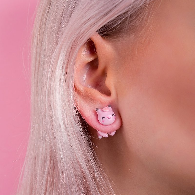 Pink Cat Earrings - Kawaii Cat Earrings Polymer Clay - 耳環/耳夾 - 黏土 粉紅色