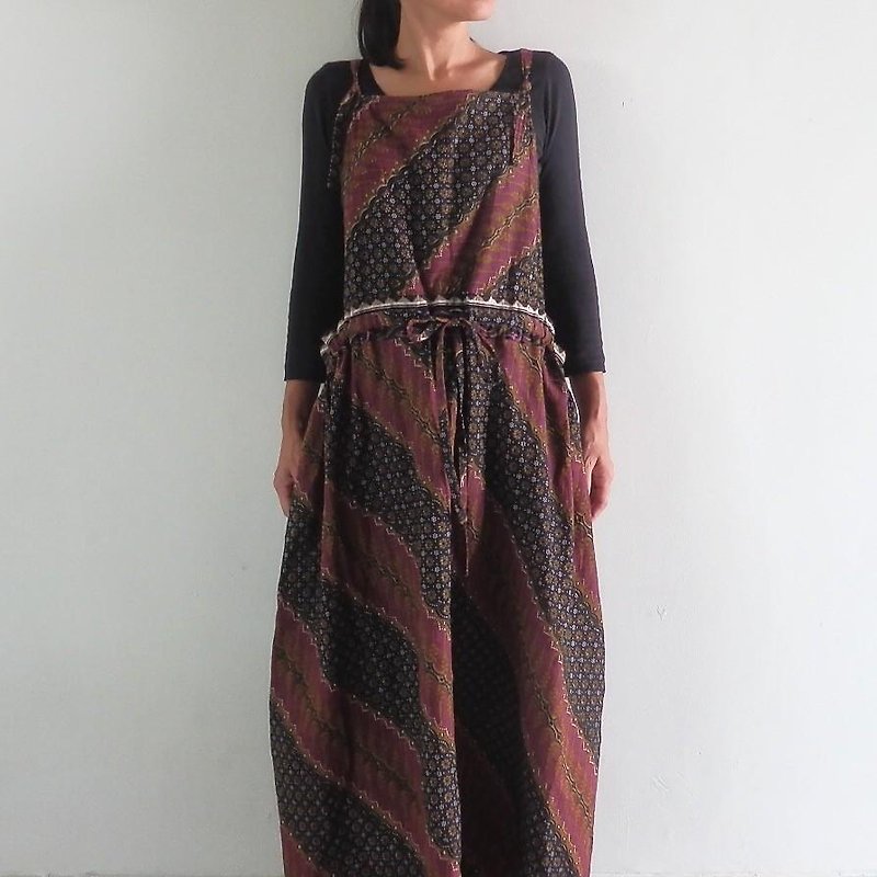 Batik apron one piece / purple - One Piece Dresses - Cotton & Hemp 