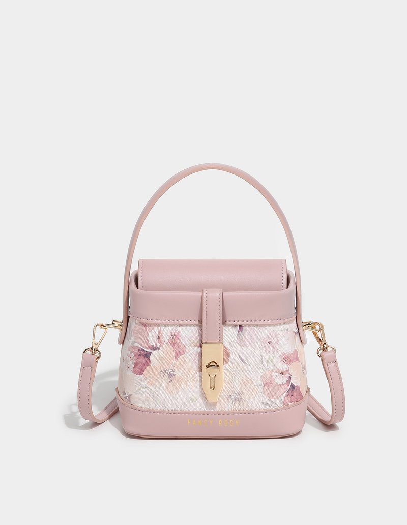 Romantic printed square lock bucket bag - Messenger Bags & Sling Bags - Other Materials Pink