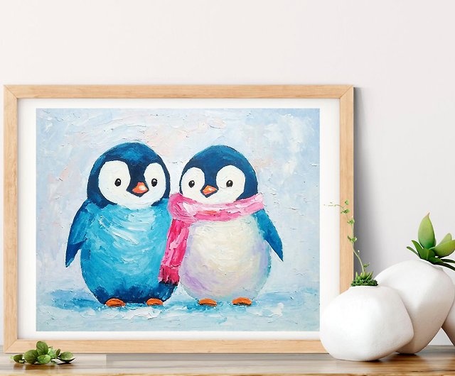 カップルペンギンオリジナル絵画鳥ウォールアート動物アートワーク 