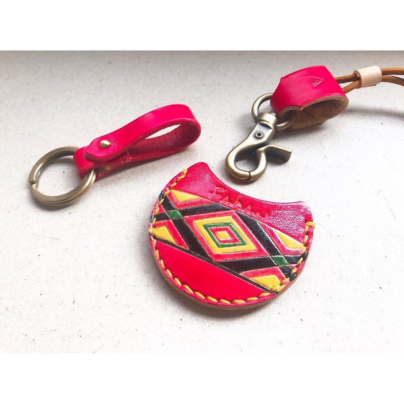 Exchange gift gogoro key key holster key leather cord customized pattern design - Keychains - Genuine Leather Red