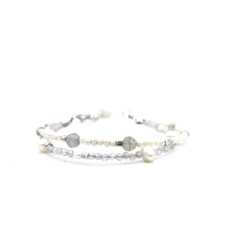 Labradorite natural pearl sterling silver double bracelet - สร้อยข้อมือ - เงินแท้ สีเทา