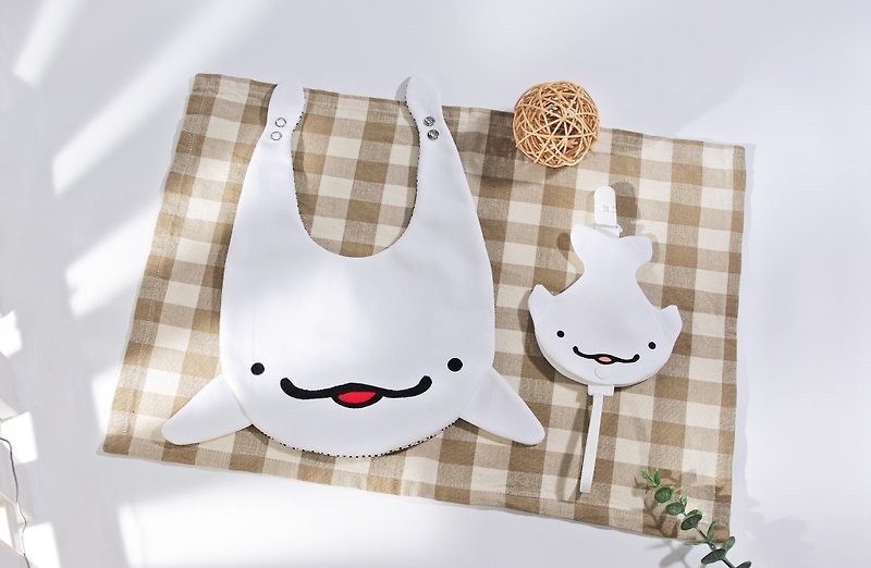 超萌白鯨 造型圍兜兜套組 彌月禮物 - 滿月禮物 - 棉．麻 
