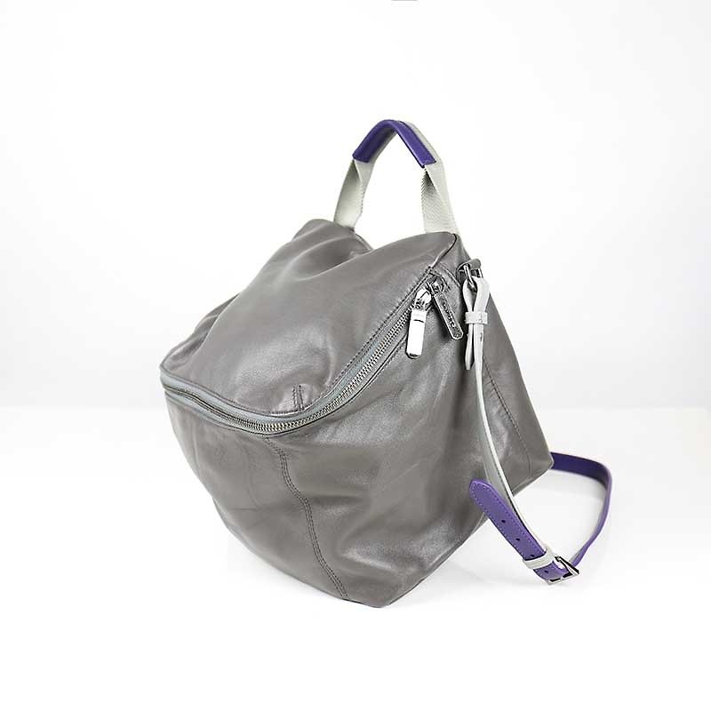 [HANDOS] Pimm's Lightweight Sheepskin Casual Shoulder Bag - Grey x Purple - กระเป๋าแมสเซนเจอร์ - หนังแท้ สีเทา