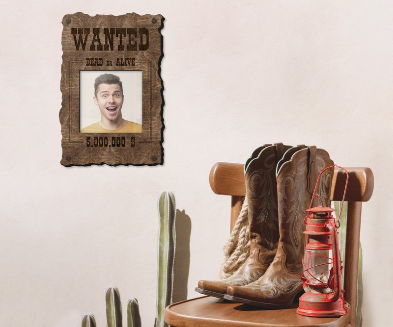 Wooden funny wanted poster Picture frame Dead or Alive Wild West wall decor - Picture Frames - Wood Brown