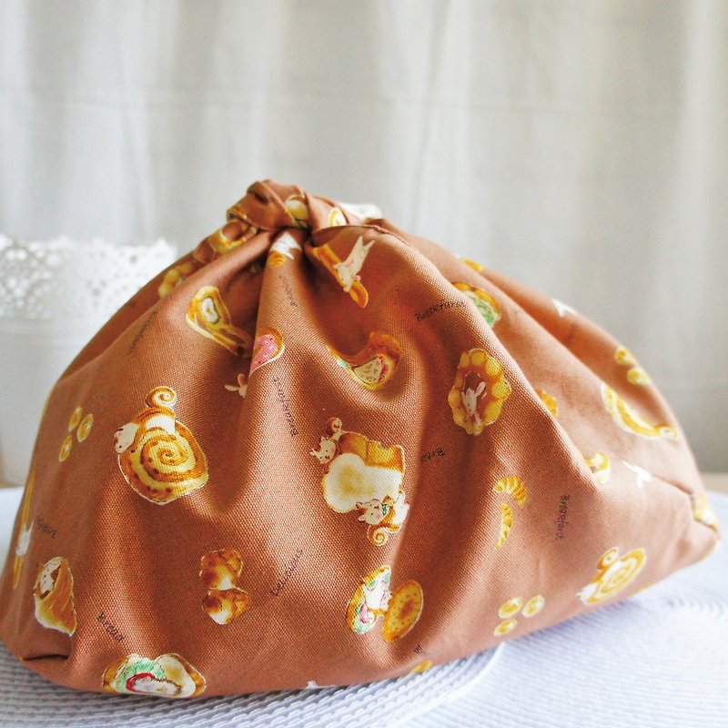 Lovely【Japanese cloth】Cute animal and bread puffs foldable pouch, eco bag, cocoa - Handbags & Totes - Cotton & Hemp Brown