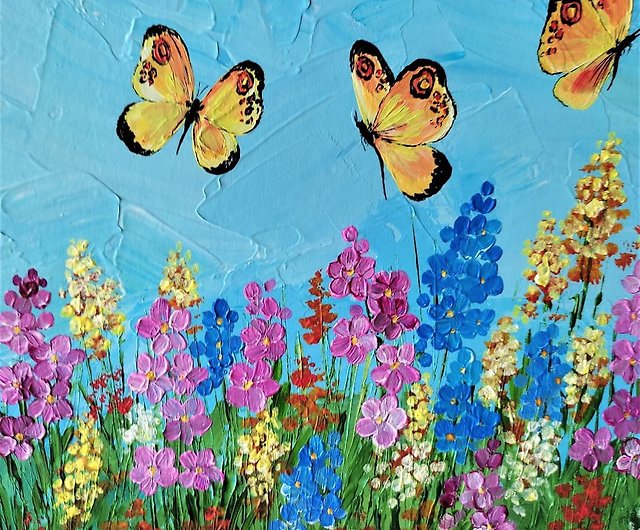 花と蝶の絵画☆大きいサイズ【額付き】水彩画だと思います