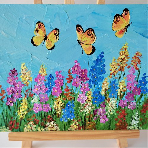 大きい 蝶と花の絵画【額付き】-