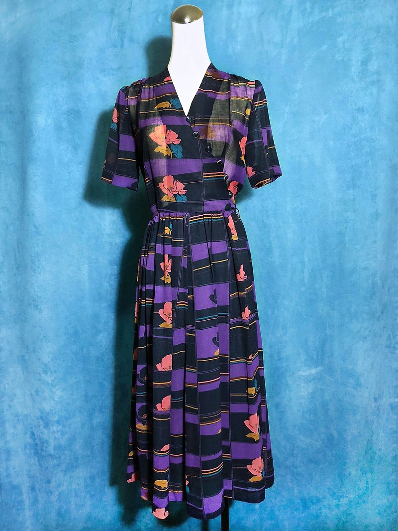 Purple flower stripes short-sleeved vintage dress / bring back VINTAGE - One Piece Dresses - Polyester Purple