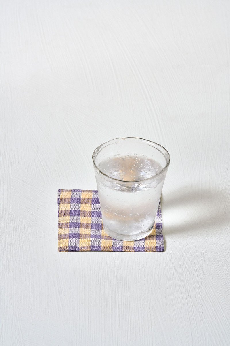 Japan Fog Linen Work - 100% Linen Coaster - Purple Yellow Check - ที่รองแก้ว - ลินิน หลากหลายสี