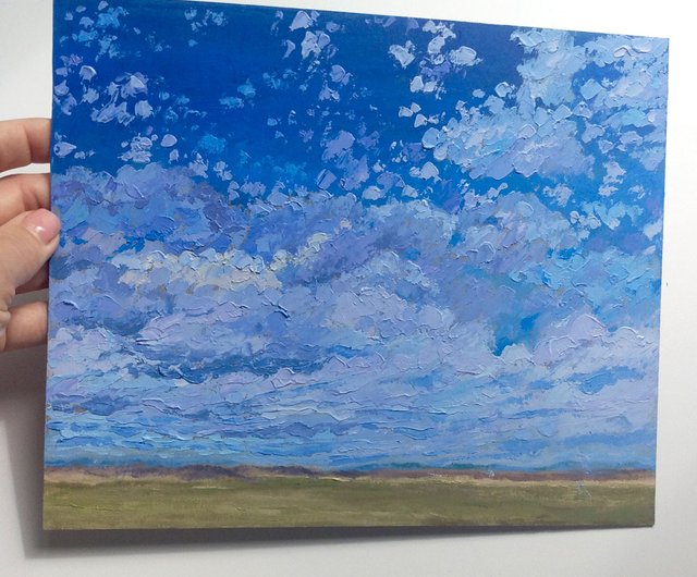 曇り空の絵田舎のアート雲の風景画原画青空 - ショップ SanArtStudio ウォールデコ・壁紙 - Pinkoi