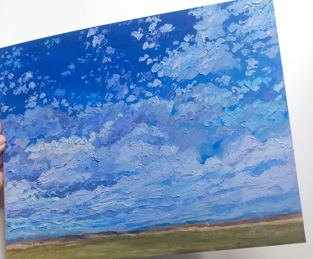 曇り空の絵田舎のアート雲の風景画原画青空 - ショップ SanArtStudio