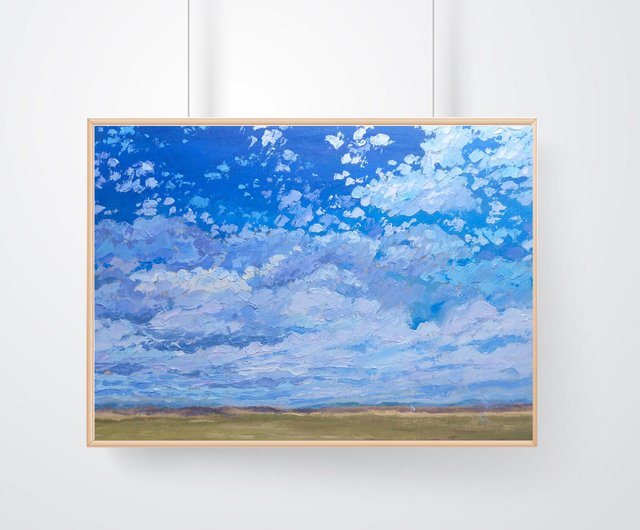 曇り空の絵田舎のアート雲の風景画原画青空 - ショップ SanArtStudio 