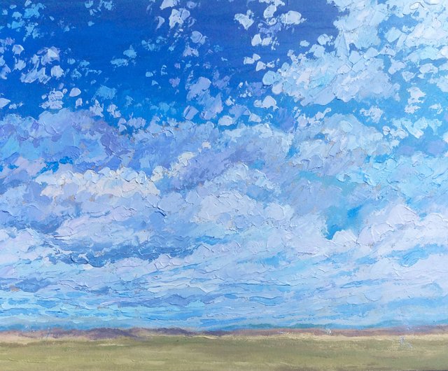 曇り空の絵田舎のアート雲の風景画原画青空 - ショップ SanArtStudio