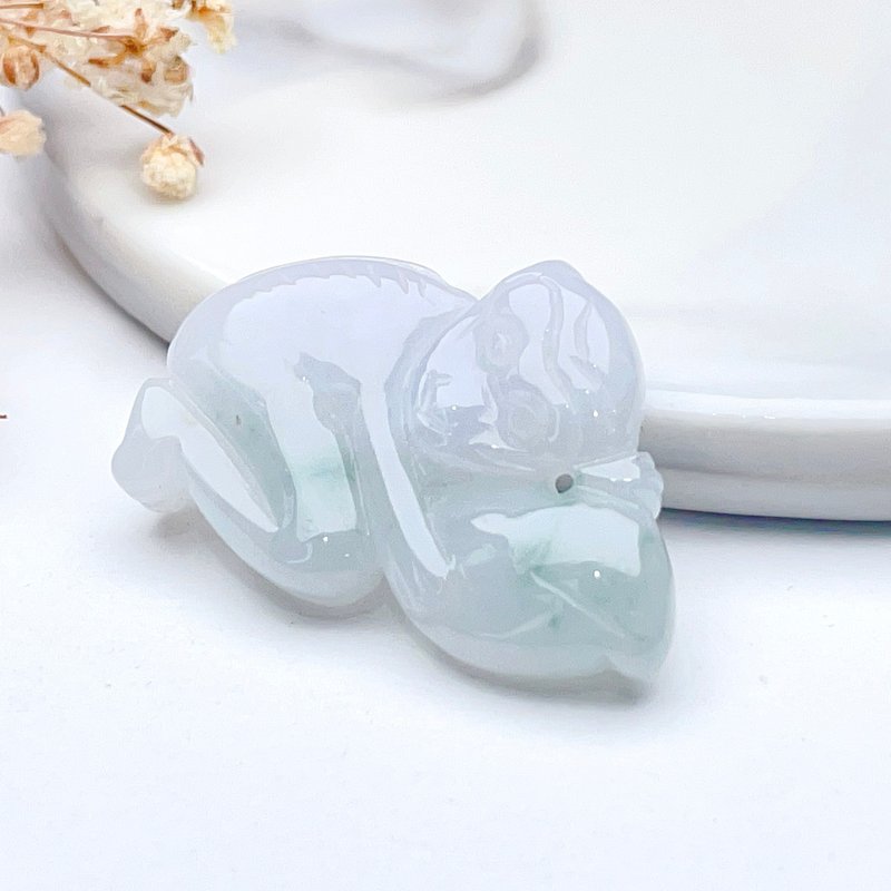 Ice green jadeite monkey picking peach pendant | Natural Burmese grade A jadeite | Gift - Charms - Jade Multicolor