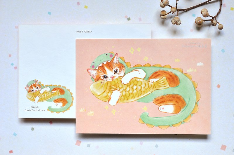 猫イラストポストカード-しゃがむ虎、隠れ竜のオレンジ猫 - カード・はがき - 紙 イエロー