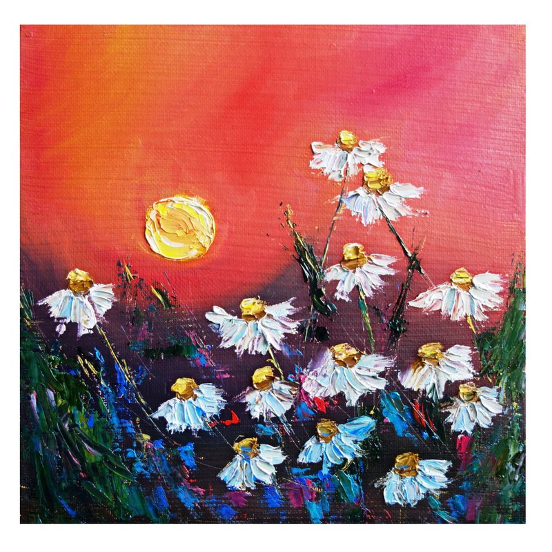 Daisy Painting Oil Flower Original Art  Artwork Impasto Canvas Art - โปสเตอร์ - สี หลากหลายสี