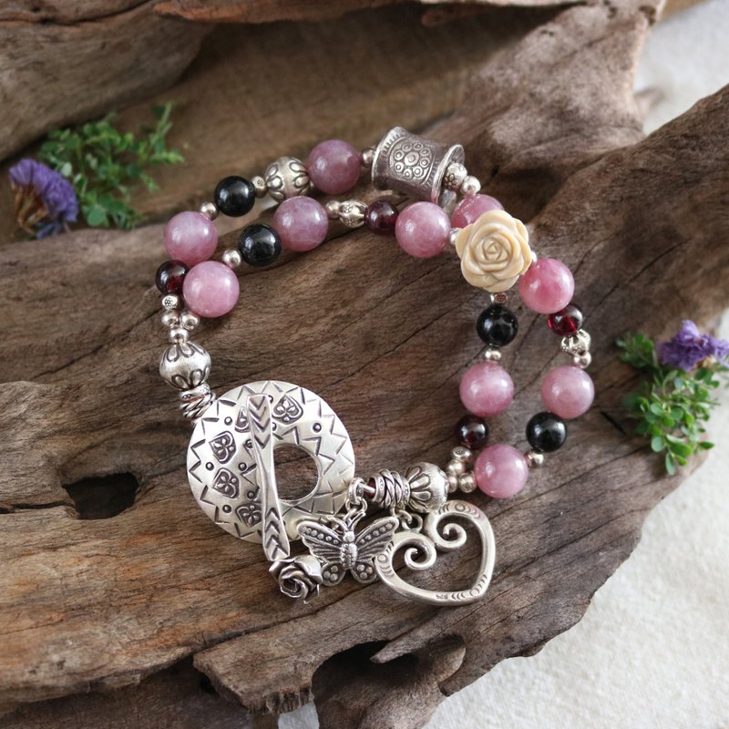 Handmade Madagascar Rose Quartz and Agate Carved Rose Bracelet with Karen Silver - สร้อยข้อมือ - เงินแท้ สึชมพู