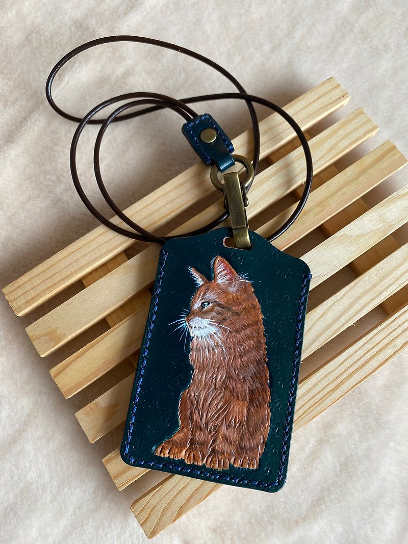 Leather carving ID holder+neck lanyard/cat - ID & Badge Holders - Genuine Leather 