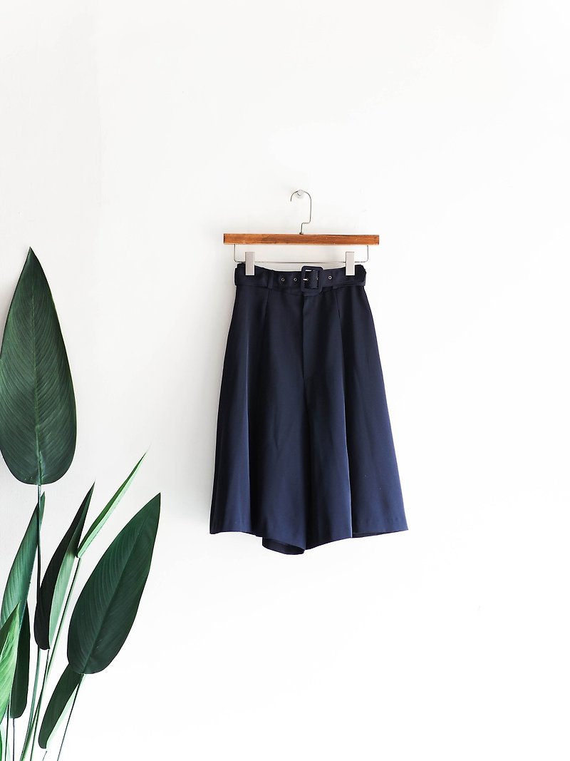 河水山 - 長野深藍素面經典摺線 古董絲緞質寬版短褲裙 - 女長褲 - 聚酯纖維 藍色
