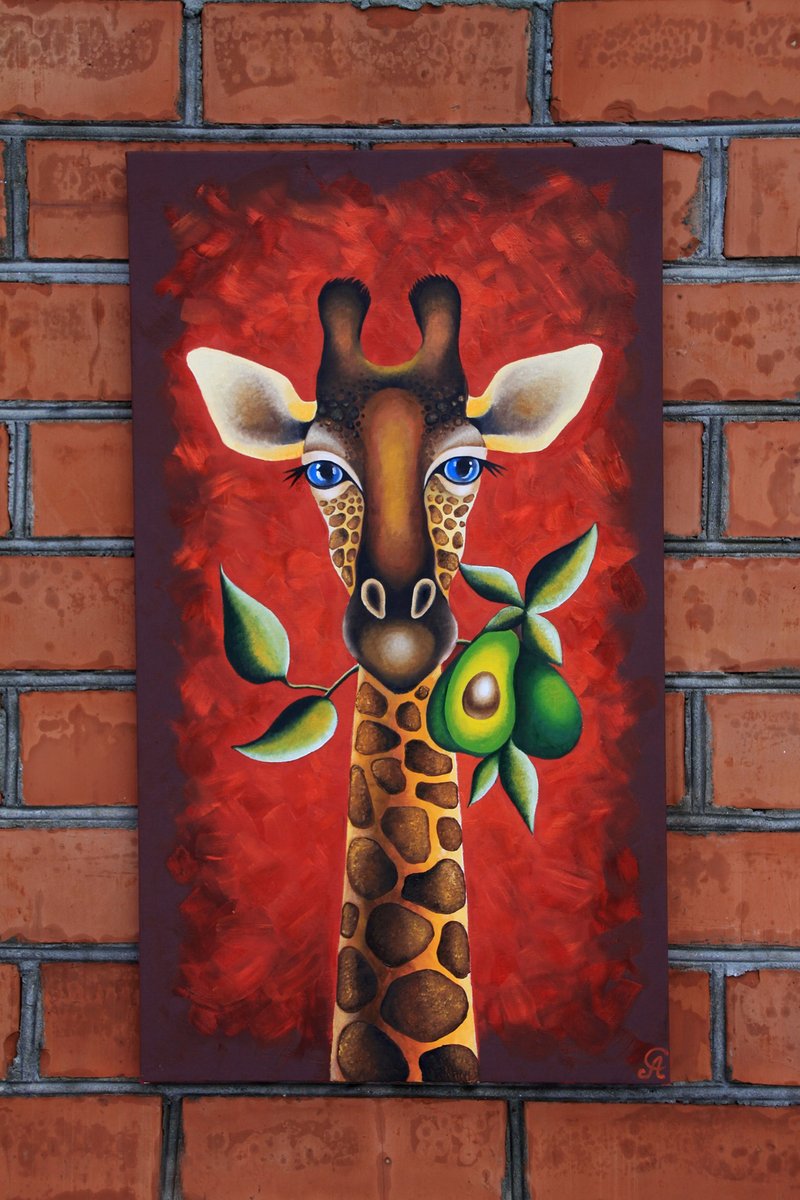 Giraffe Painting Animal Original Art African Wall Art Exotic Artwork 40 by 70 cm - 海報/掛畫/掛布 - 其他材質 紅色