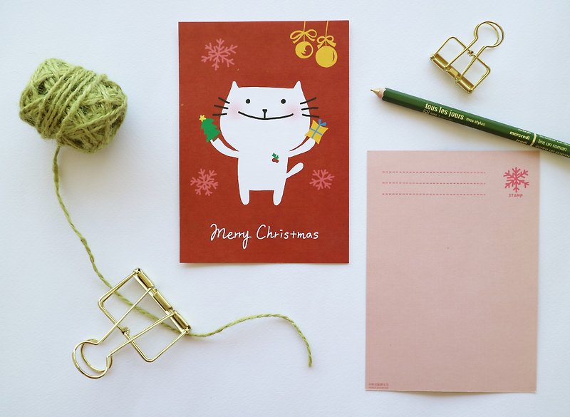 小さな太った猫があなたに同行しますクリスマスポストカードクリスマスカード - カード・はがき - 紙 レッド