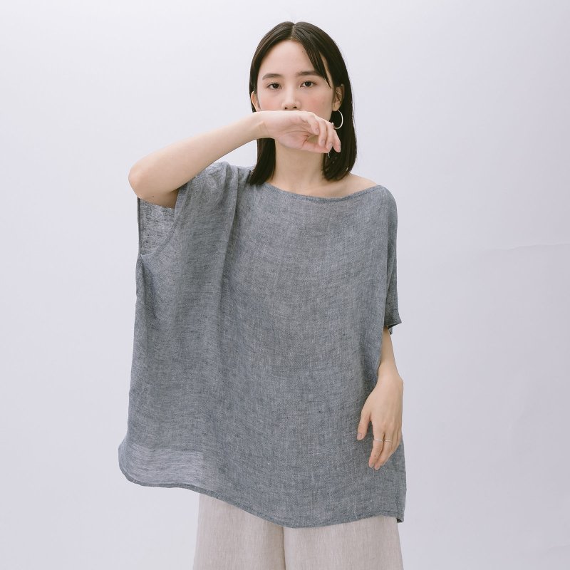 Boat neck rectangular top - blue and white texture - เสื้อผู้หญิง - ผ้าฝ้าย/ผ้าลินิน สีน้ำเงิน