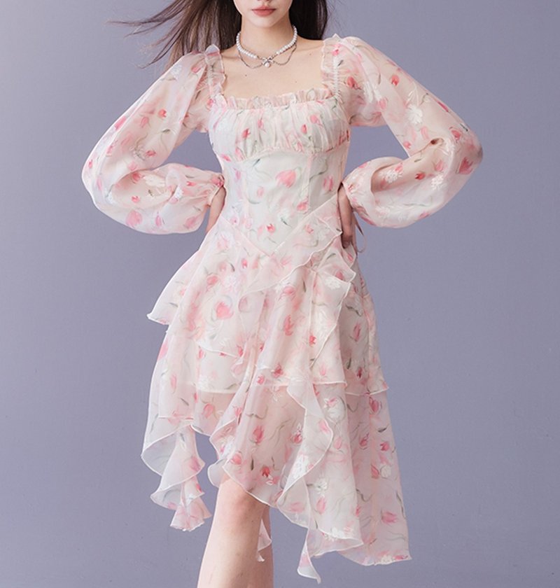 French elegant one shoulder beach dress floral dress trumpet sleeve dress - ชุดเดรส - วัสดุอื่นๆ สึชมพู