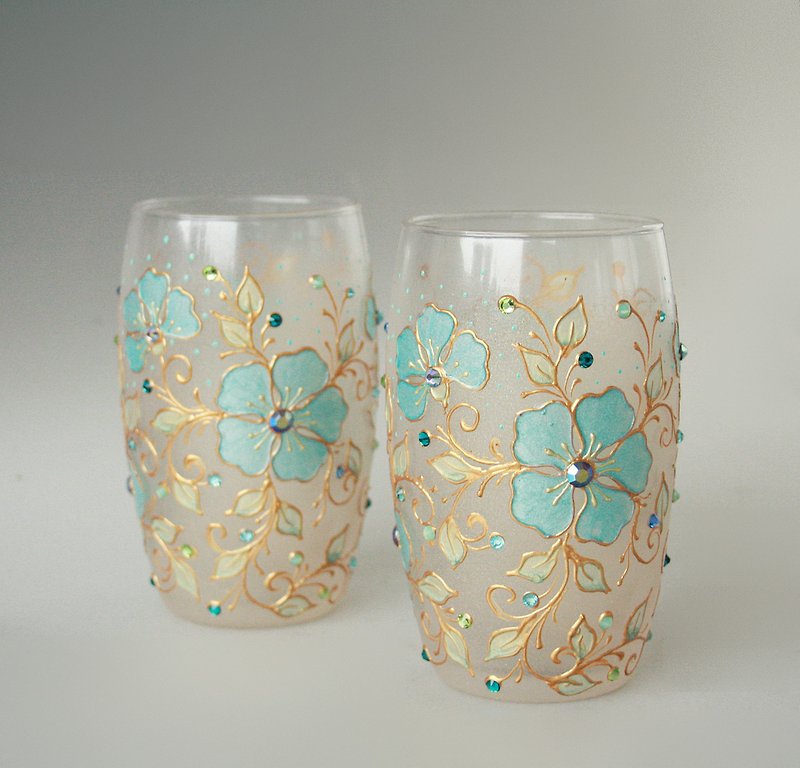 Mint Blue Gold Wild Flowers Glasses, Swarovski Crystals, Hand-painted set of 2 - 酒杯/酒器 - 玻璃 藍色