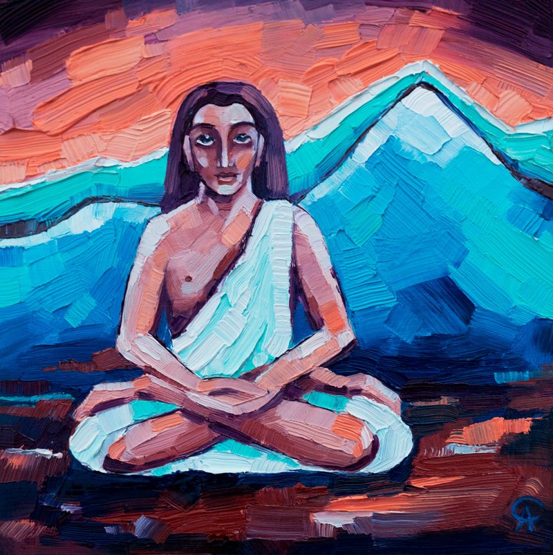 Yoga Painting Mahavatar Babaji Original Art Meditation Artwork Zen Decor - โปสเตอร์ - วัสดุอื่นๆ สีนำ้ตาล