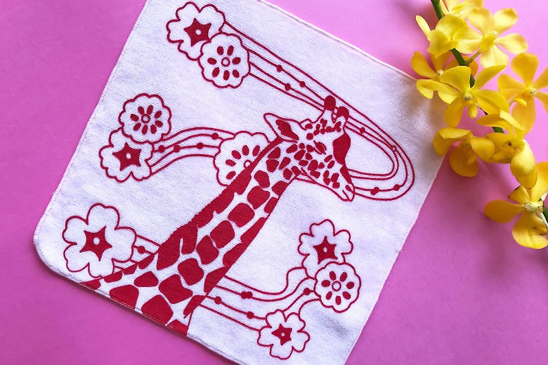 Pocket Towel Handkerchief // Screen Print // Giraffe Peach × Red - ผ้าเช็ดหน้า - ผ้าฝ้าย/ผ้าลินิน สึชมพู