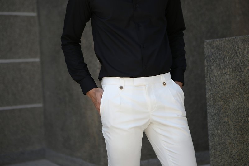 White single trousers with 2 button - กางเกงขายาว - ผ้าฝ้าย/ผ้าลินิน ขาว