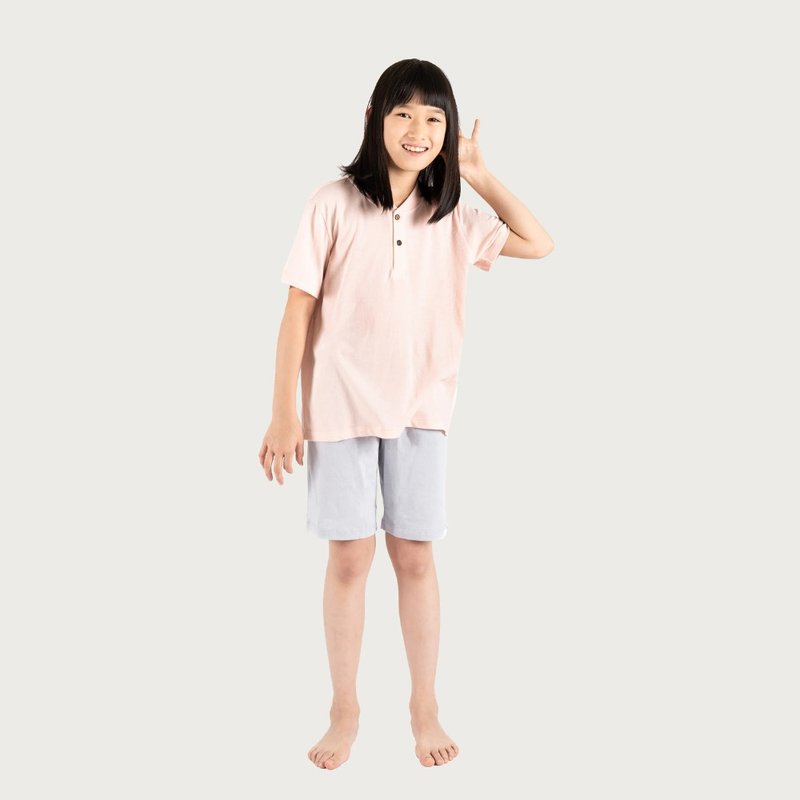 兒童亨利領短袖上衣-共2色 - 男/女童裝 - 棉．麻 藍色