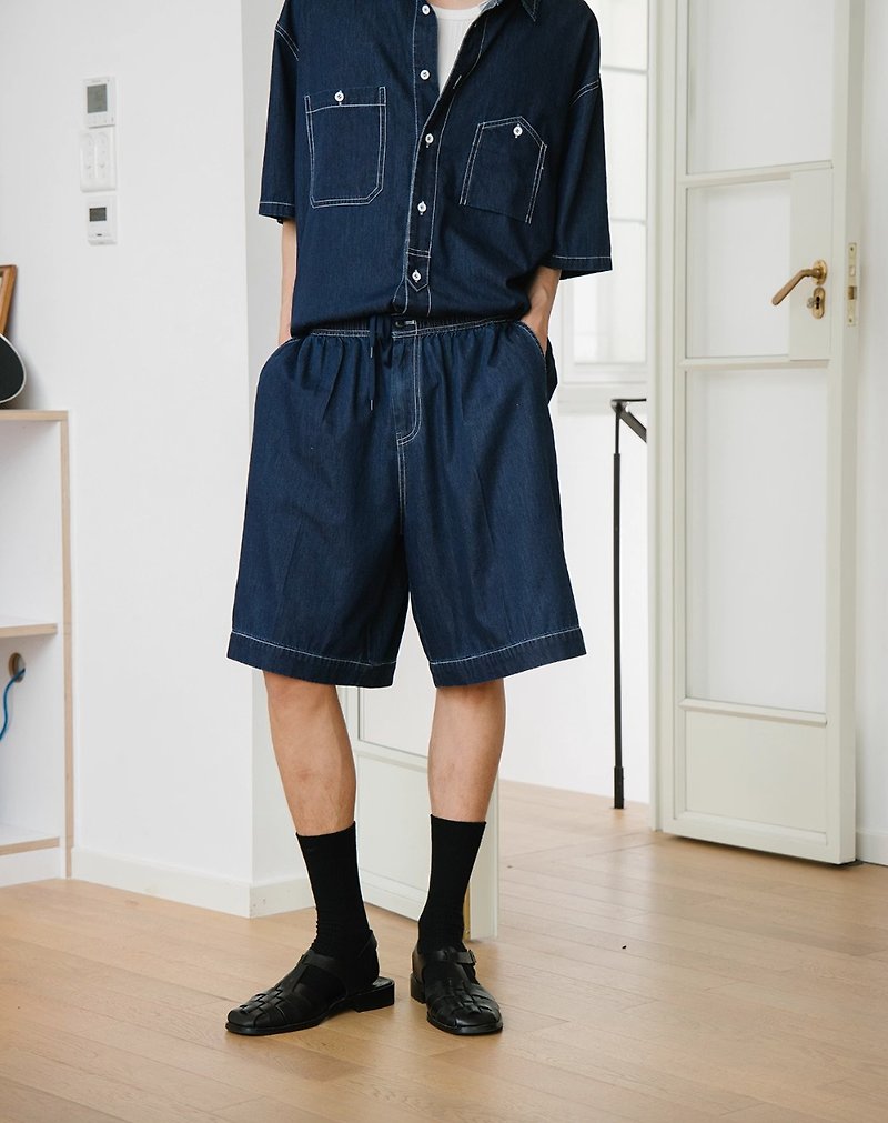 Japanese retro washed blue denim shorts - Men's Shorts - Other Materials Blue
