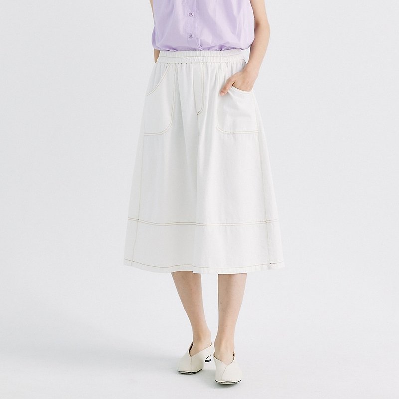 【Simply Yours】Simple stitch skirt white F - กระโปรง - ผ้าฝ้าย/ผ้าลินิน ขาว