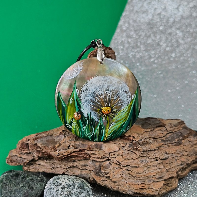 Pearl pendant necklace: Dainty Dandelion. Hand painted nature on lacquer shell - Necklaces - Shell Green