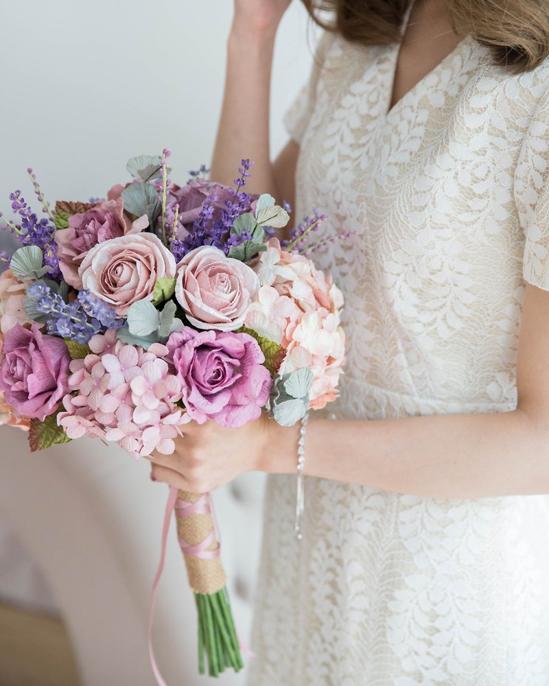 Mauve Rose and Hydrangea - Perfect Love Round Bridal Bouquet - Wood, Bamboo & Paper - Paper Purple