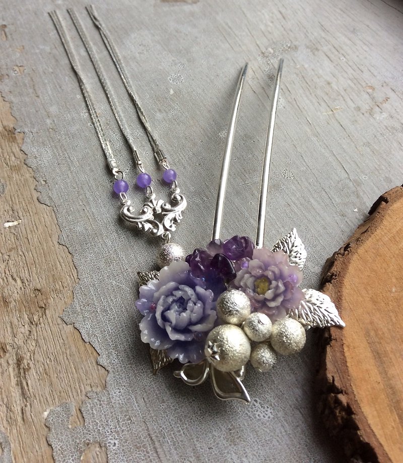 Meow hand ~ small resin peony hairpin (purple) - Hair Accessories - Other Materials Multicolor