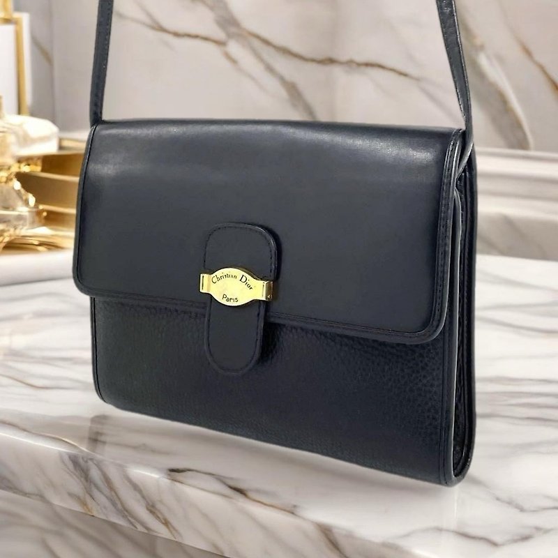 【LA LUNE】Second-hand Dior black leather shoulder and cross-body small envelope bag - Messenger Bags & Sling Bags - Genuine Leather Black