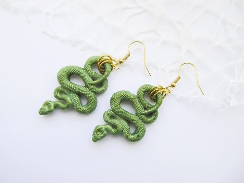 BionikaStore Green snake earrings Python snake clay Witch Animal earrings
