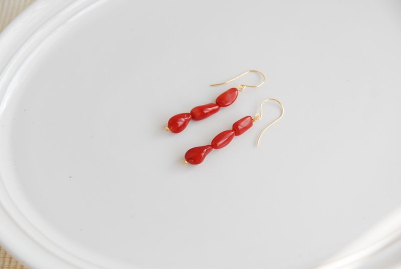 Red coral earrings, 3 pieces, 14kgf - ต่างหู - เครื่องประดับพลอย สีแดง