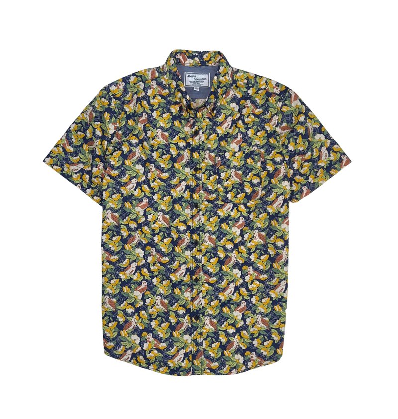 Men's Bird Print Shirt 小鳥圖案襯衫 - 深藍 - 男襯衫/休閒襯衫 - 棉．麻 卡其色