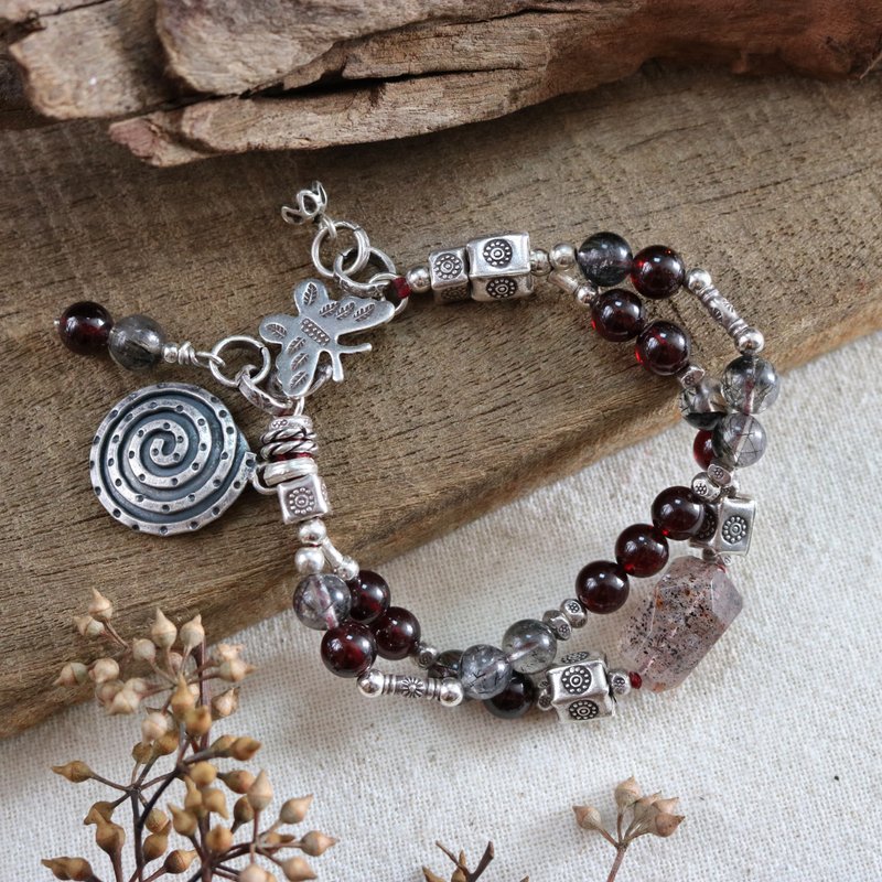 Handmade Garnet and Black Rutilated Quartz Bracelet with Karen Hill Tribe Silver - Bracelets - Sterling Silver Red