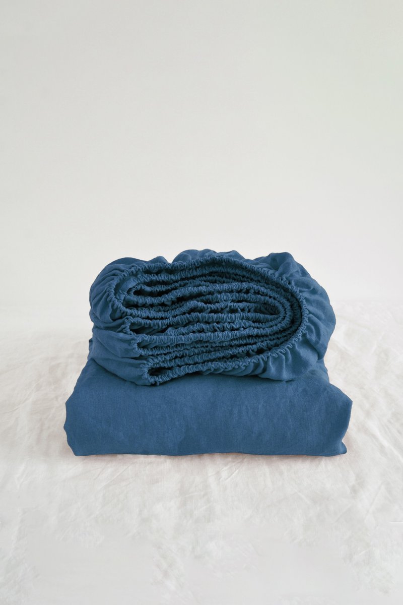 Ocean blue linen fitted sheet / Softened linen bed sheet / Deep pocket - 寢具/床包 - 亞麻 藍色