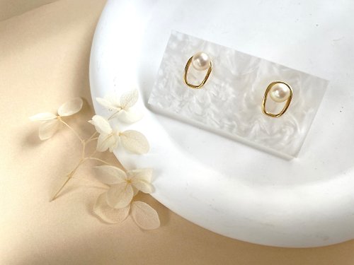 Athena珍珠設計 簡約幾何 天然海水珍珠 akoya 純銀 耳環