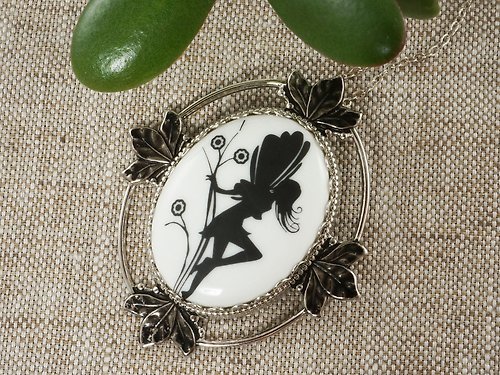 AGATIX Black and White Fairy Porcelain Cameo 2 in Pin Brooch Pendant Necklace Jewelry