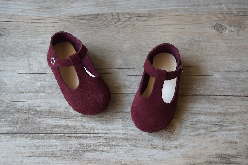 酒紅色T型真皮瑪莉珍嬰兒鞋 手工嬰兒鞋 彌月禮物 手作學步鞋 - 童裝鞋 - 真皮 紅色
