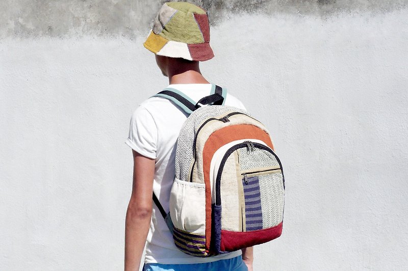 Handmade cotton and linen stitching design backpack / shoulder bag / national mountaineering bag / patchwork - Backpacks - Cotton & Hemp Multicolor