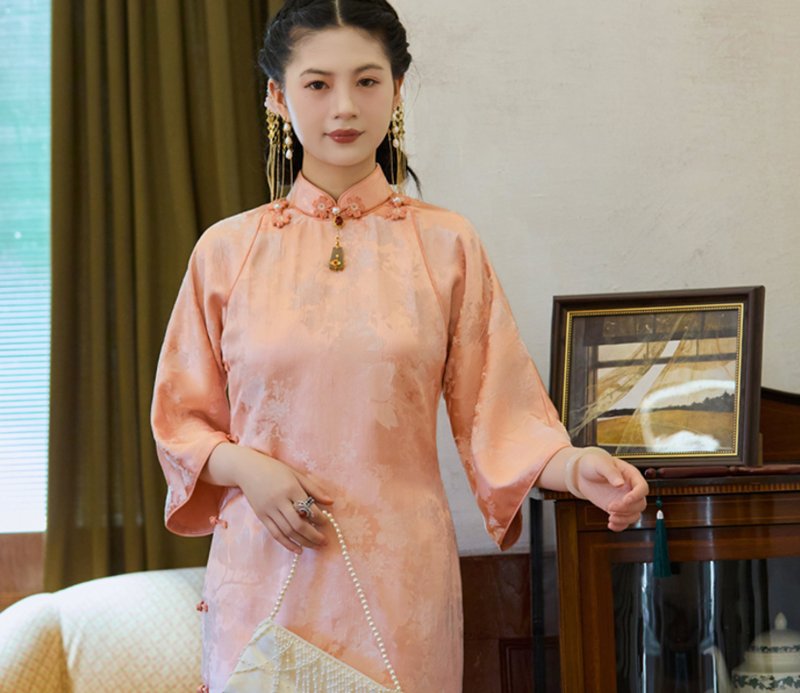 【毓嫿】 新中式復古/古法倒大袖馬甲/旗袍 - 旗袍/改良式旗袍 - 其他材質 粉紅色