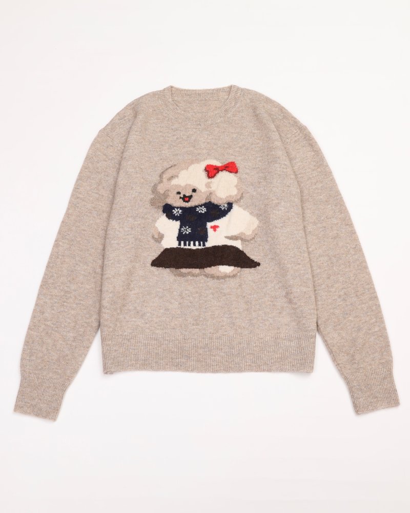 Scarf Girl Crew Neck Knit Beige - สเวตเตอร์ผู้หญิง - ขนแกะ สีกากี